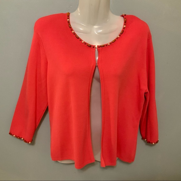 Knit Chic Coral Wood Bead Neckline Blazer Top Sz L - Picture 6 of 12